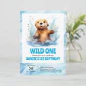 ワイルドワンカワイイベビー海のオッターインウォーター1st誕生日 招待状 (スタンド正面)