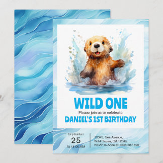 ワイルドワンカワイイベビー海のオッターインウォーター1st誕生日 招待状