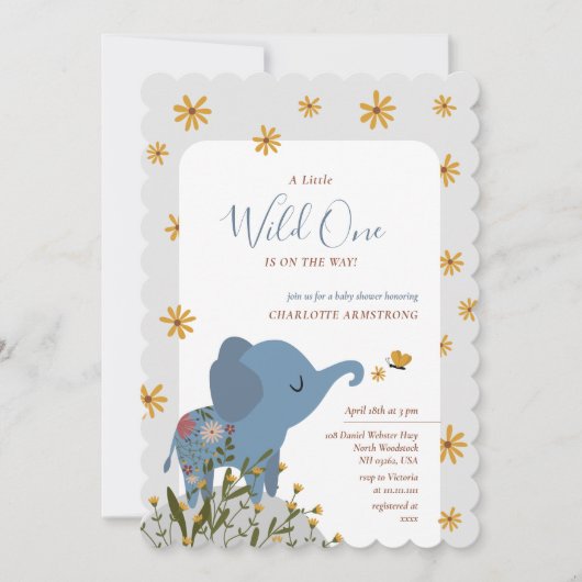 ワイルドワンカワイイ象フローラ赤ちゃんシャワー 招待状 (正面)