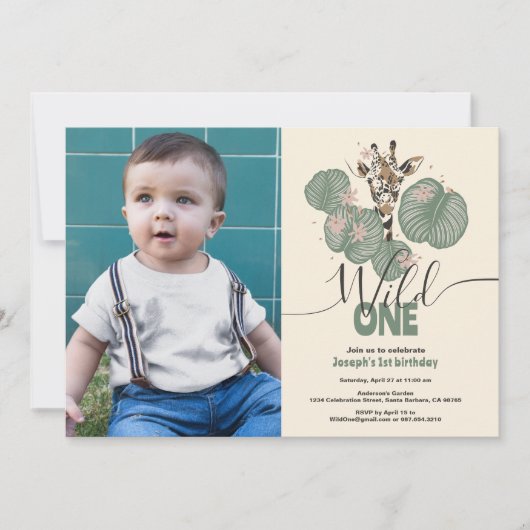 ワイルドワンカワイトフォトサファリキリン誕生日パーティー 招待状 (正面)