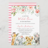 ワイルドワンガールサファリジャングル動物ベビーシャワー 招待状 (正面/裏面)