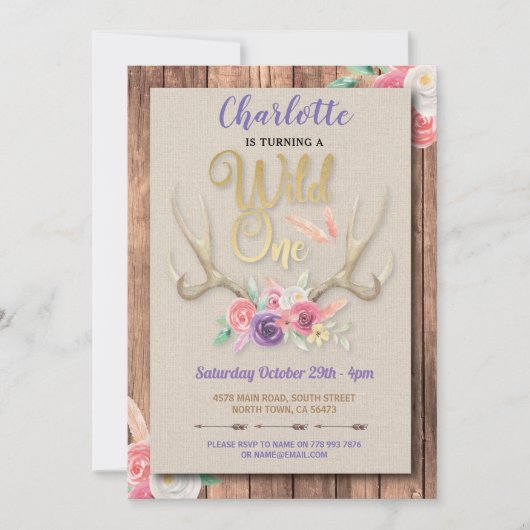 ワイルドワンガールズ〔雄ジカの〕枝角フラワーバースデーパーティー 招待状 (正面)
