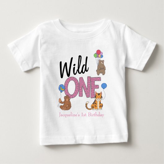 ワイルドワンガールファースト誕生日サファリジャングル動物 ベビーTシャツ (正面)