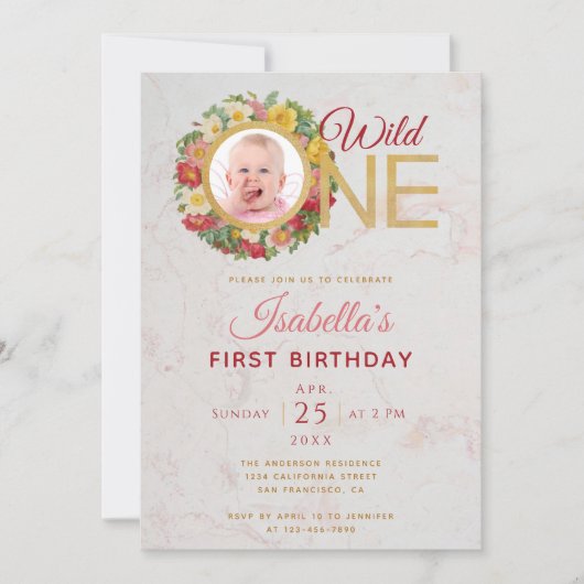 ワイルドワンガールフォトインバラリースファースト誕生日 招待状 (正面)