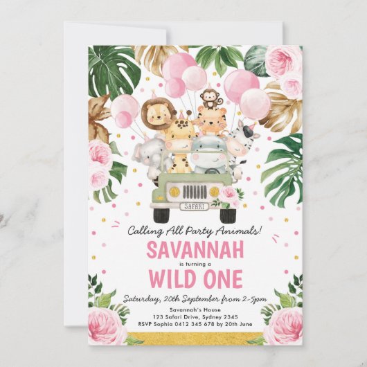 ワイルドワンガール1st誕生日ジャングルサファリ動物 招待状 (正面)