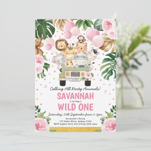 ワイルドワンガール1st誕生日ジャングルサファリ動物 招待状 (スタンド正面)