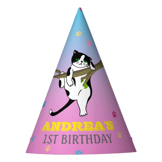 ワイルドワンキティ猫キッテン1歳バースデーパープルブルー パーティーハット (正面)