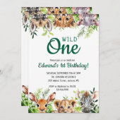 ワイルドワンキュートなサファリアニマルファースト誕生日 招待状 (正面/裏面)