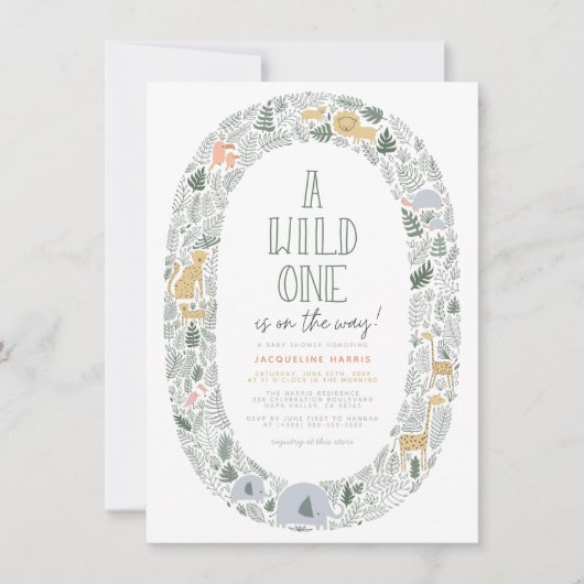 ワイルドワンキュートなジャングルサファリ男の赤ちゃん赤ちゃんシャワー 招待状 (正面)
