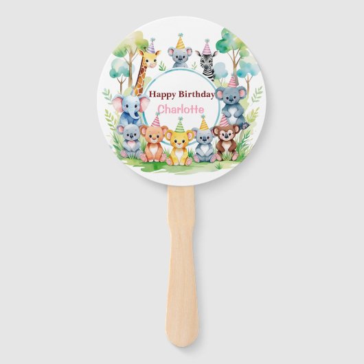 ワイルドワンキュートなジャングル動物の子どもの誕生日 ハンドファン (正面)