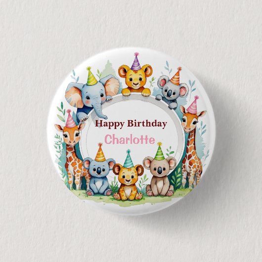 ワイルドワンキュートなジャングル動物の子どもの誕生日 缶バッジ (正面)