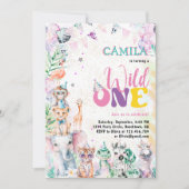 ワイルドワンキュートサファリアニマルズガール誕生日 招待状 (正面)