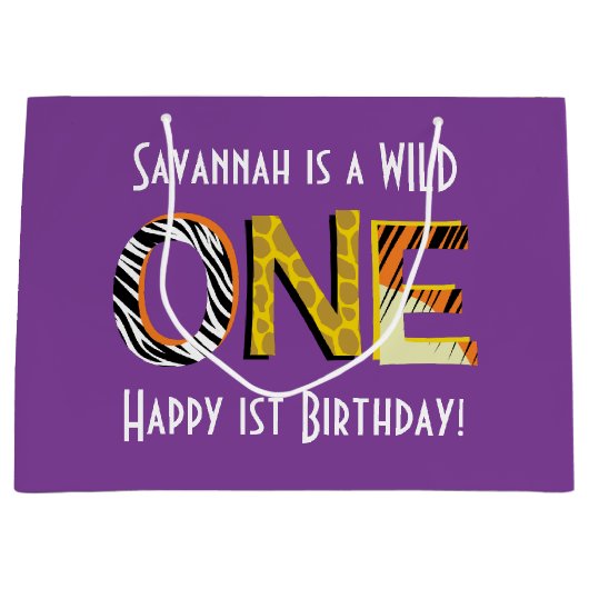 ワイルドワンキュートサファリ1st誕生日パーティーテーマ ラージペーパーバッグ (正面)