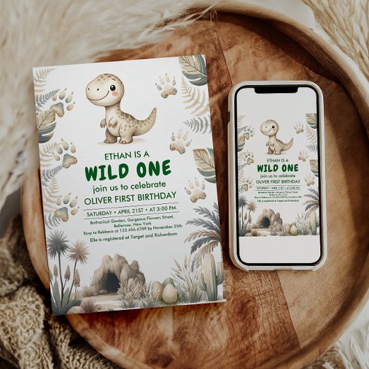 ワイルドワンキュート恐竜の最初の誕生日パーティー 招待状