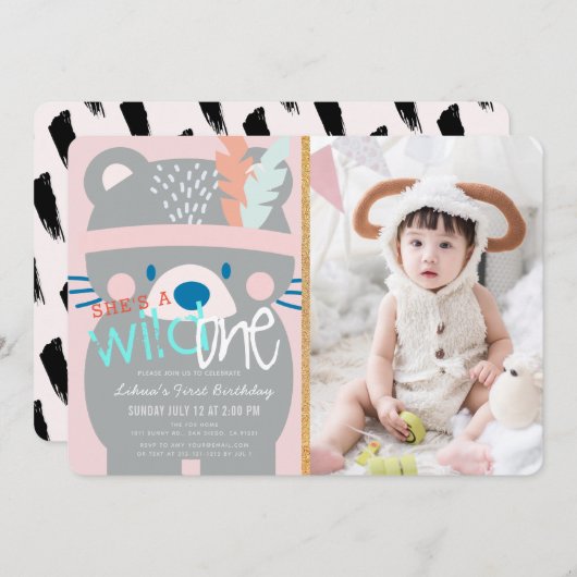 ワイルドワンクマ羽毛ガールピンク写真1st誕生日 招待状 (正面/裏面)