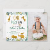 ワイルドワングリーンリー金ゴールドサファリ誕生日 招待状 (正面)