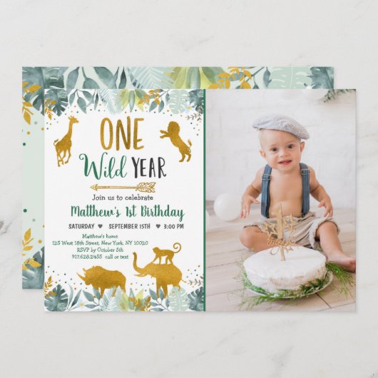 ワイルドワングリーンリー金ゴールドサファリ誕生日 招待状 (正面/裏面)