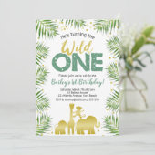 ワイルドワングリーン金ゴールドサファリアニマルズ1st誕生日 招待状 (スタンド正面)