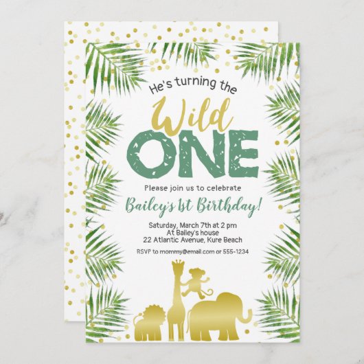 ワイルドワングリーン金ゴールドサファリアニマルズ1st誕生日 招待状 (正面/裏面)