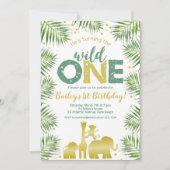 ワイルドワングリーン金ゴールドサファリアニマルズ1st誕生日 招待状 (正面)