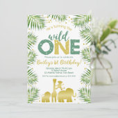 ワイルドワングリーン金ゴールドサファリアニマルズ1st誕生日 招待状 (スタンド正面)