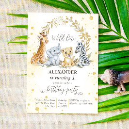 ワイルドワンゴールデンジャングルサファリ動物パーティー招待状 招待状