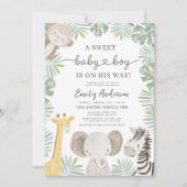 ワイルドワンサファリかわいいジャングル動物ベビーシャワー 招待状 (正面)