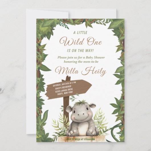 ワイルドワンサファリかわいいベビーヒポタムスベビーシャワー 招待状 (正面)