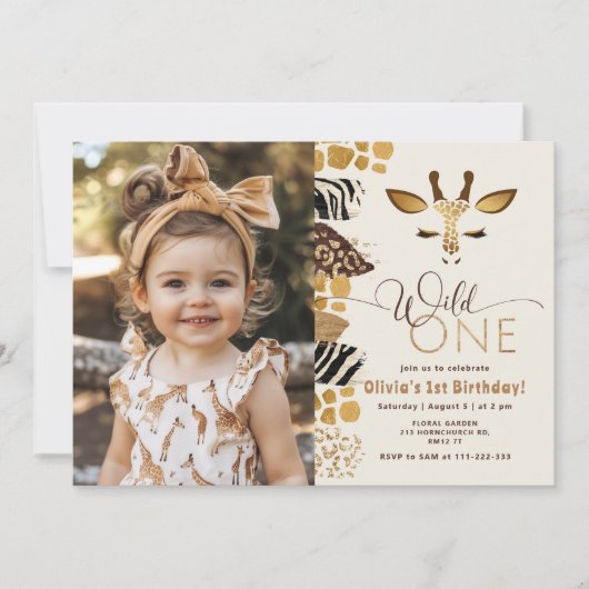 ワイルドワンサファリのキリン現代の誕生日の写真 招待状 (正面)