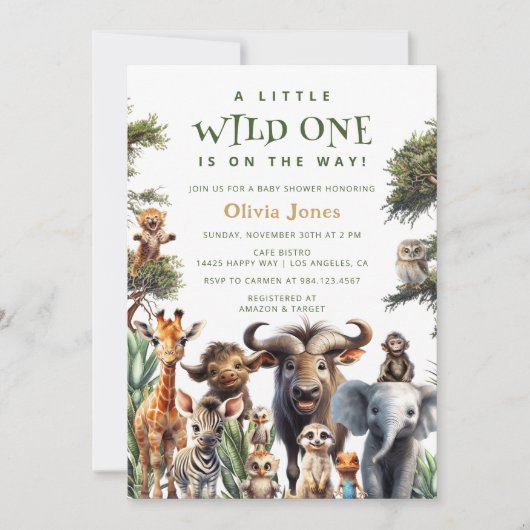 ワイルドワンサファリの動物の赤男女兼用ちゃんシャワー 招待状 (正面)