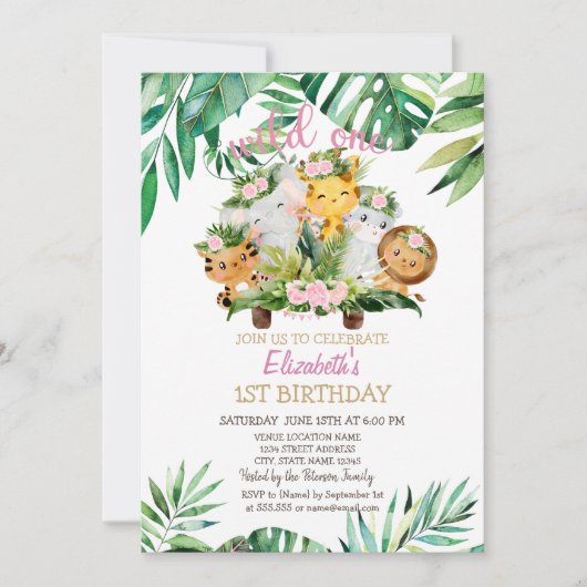 ワイルドワンサファリの動物葉達1歳の誕生日 招待状 (正面)
