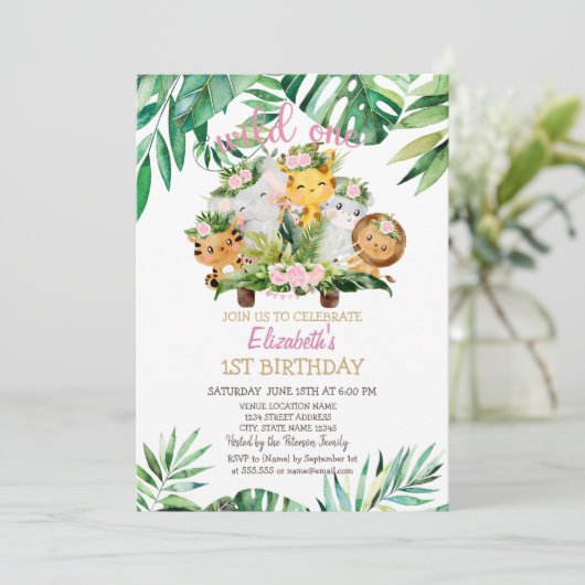 ワイルドワンサファリの動物葉達1歳の誕生日 招待状 (スタンド正面)