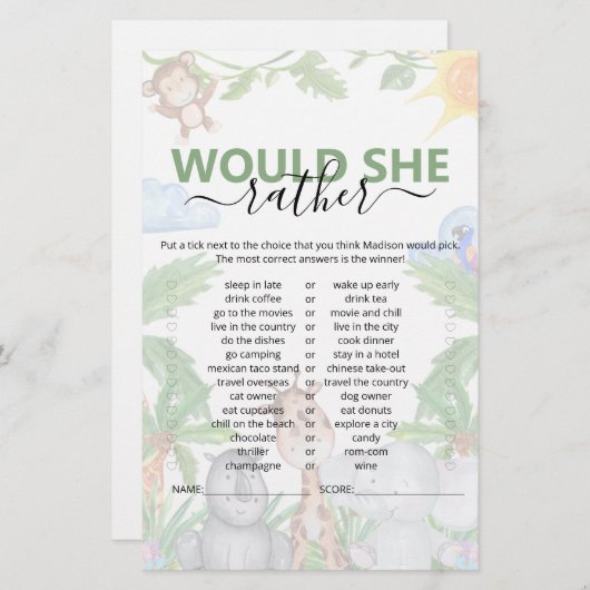 ワイルドワンサファリは彼女はむしろ赤ちゃんシャワーゲームをする (正面/裏面)