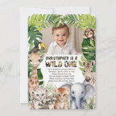ワイルドワンサファリをテーマにした第1の誕生日の写真 招待状 (正面)