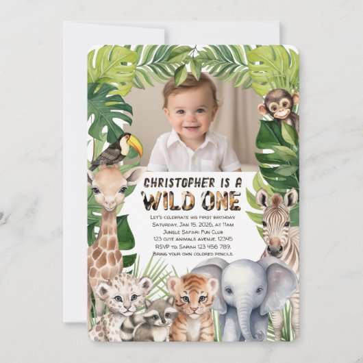 ワイルドワンサファリをテーマにした第1の誕生日の写真 招待状 (正面)