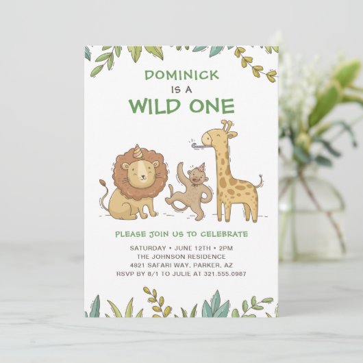 ワイルドワンサファリアニマルキュートボーイファースト誕生日 招待状 (スタンド正面)