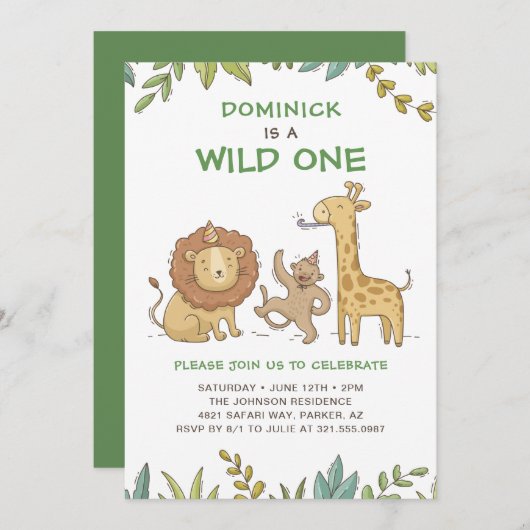 ワイルドワンサファリアニマルキュートボーイファースト誕生日 招待状 (正面/裏面)