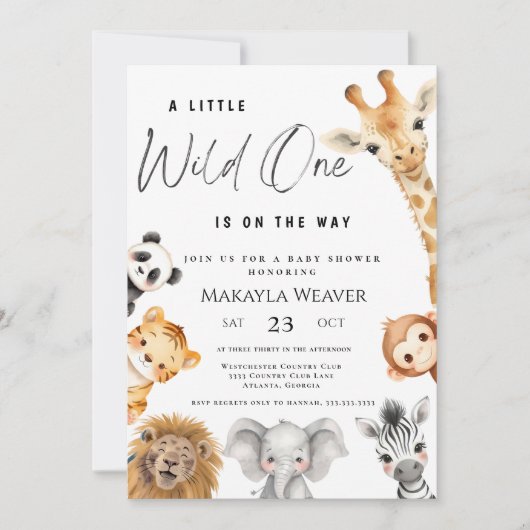 ワイルドワンサファリアニマルジャングルテーマベビーシャワー 招待状 (正面)