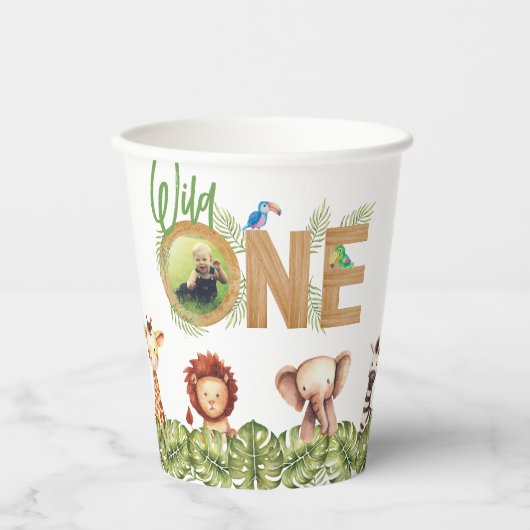 ワイルドワンサファリアニマルズウッドフォトファースト誕生日 紙コップ (正面)