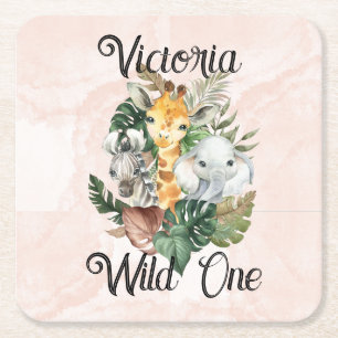 ワイルドワンサファリアニマルズガールズファースト誕生日 スクエアペーパーコースター