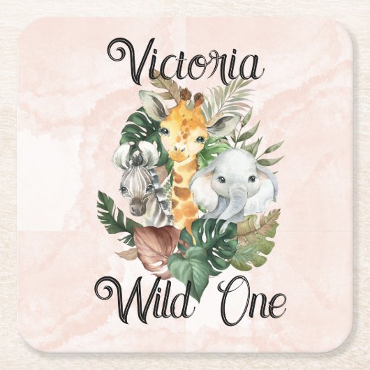 ワイルドワンサファリアニマルズガールズファースト誕生日 スクエアペーパーコースター (正面)