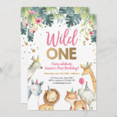 ワイルドワンサファリアニマルズガール誕生日招待状 招待状 (正面/裏面)