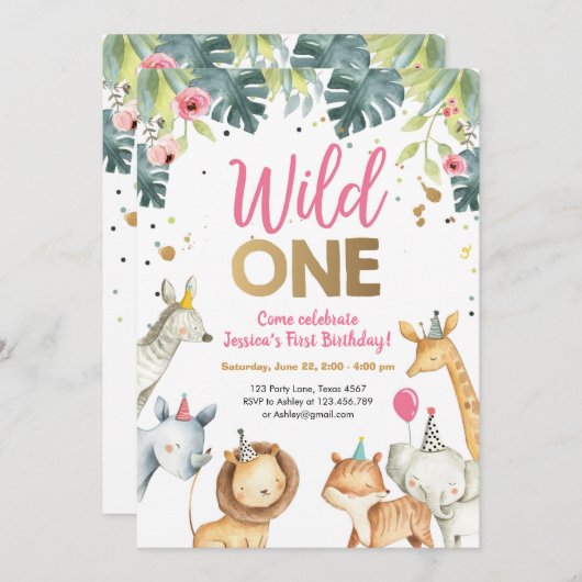 ワイルドワンサファリアニマルズガール誕生日招待状 招待状 (正面/裏面)
