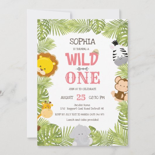 ワイルドワンサファリアニマルズジャングルファースト誕生日 招待状 (正面)