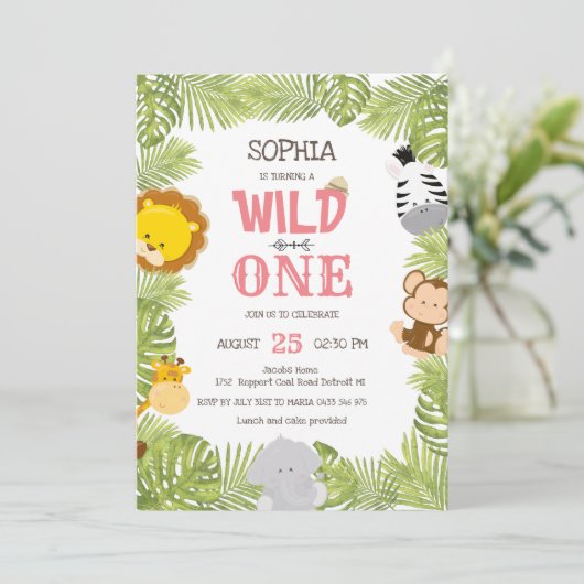 ワイルドワンサファリアニマルズジャングルファースト誕生日 招待状 (スタンド正面)