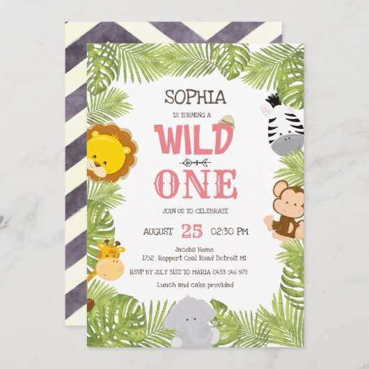 ワイルドワンサファリアニマルズジャングルファースト誕生日 招待状 (正面/裏面)