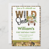 ワイルドワンサファリアニマルズファースト誕生日ボーイ 招待状 (正面)
