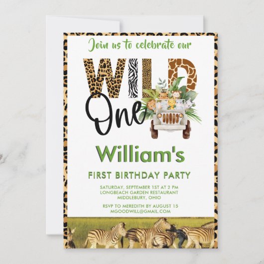 ワイルドワンサファリアニマルズファースト誕生日ボーイ 招待状 (正面)