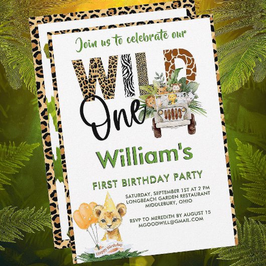 ワイルドワンサファリアニマルズファースト誕生日ボーイ 招待状