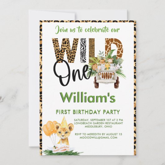 ワイルドワンサファリアニマルズファースト誕生日ボーイ 招待状 (正面)